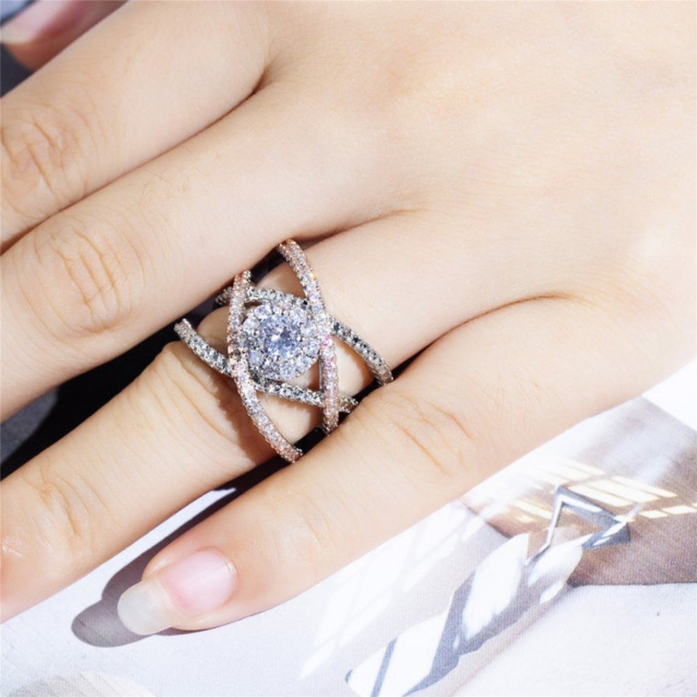 NEW Two Tone 18K Rose & White Gold Diamond Halo Layer Ring - Picture 2 of 5